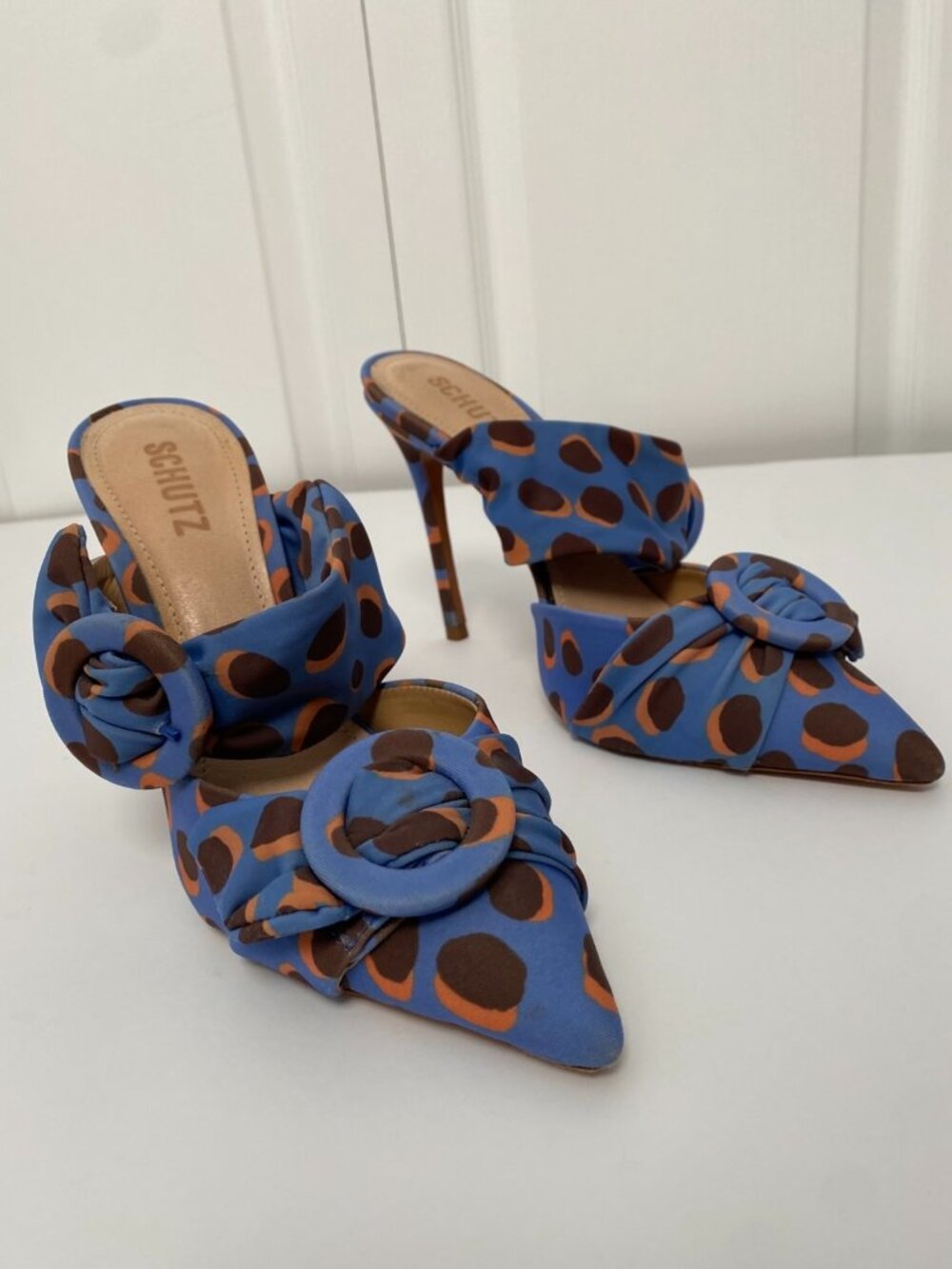SCHUTZ Blue and Brown Leopard-Print Pointed Mule Heels - Picture 1 of 8